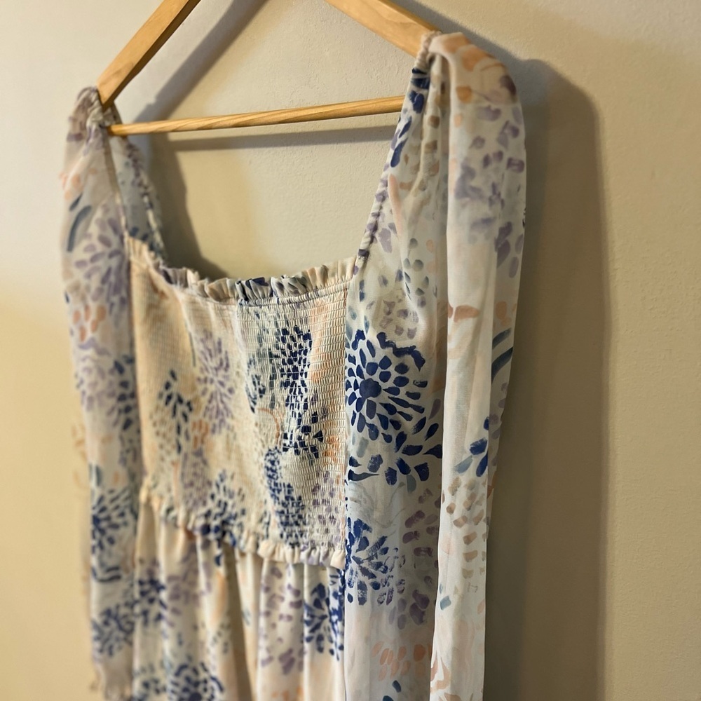 Aritzia Wilfred Tempest Blue Floral Chiffon Mini Dress Long Sheer Sleeve - Picture 3 of 10